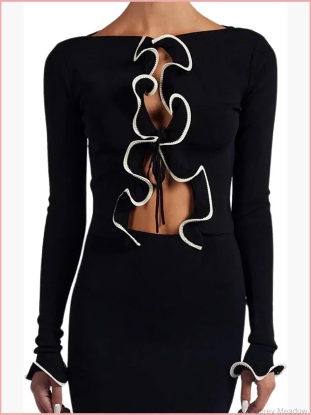 Elegant Tie Front Ruffle Knit Crop Cardigan Long Sleeve Open Front Contrast